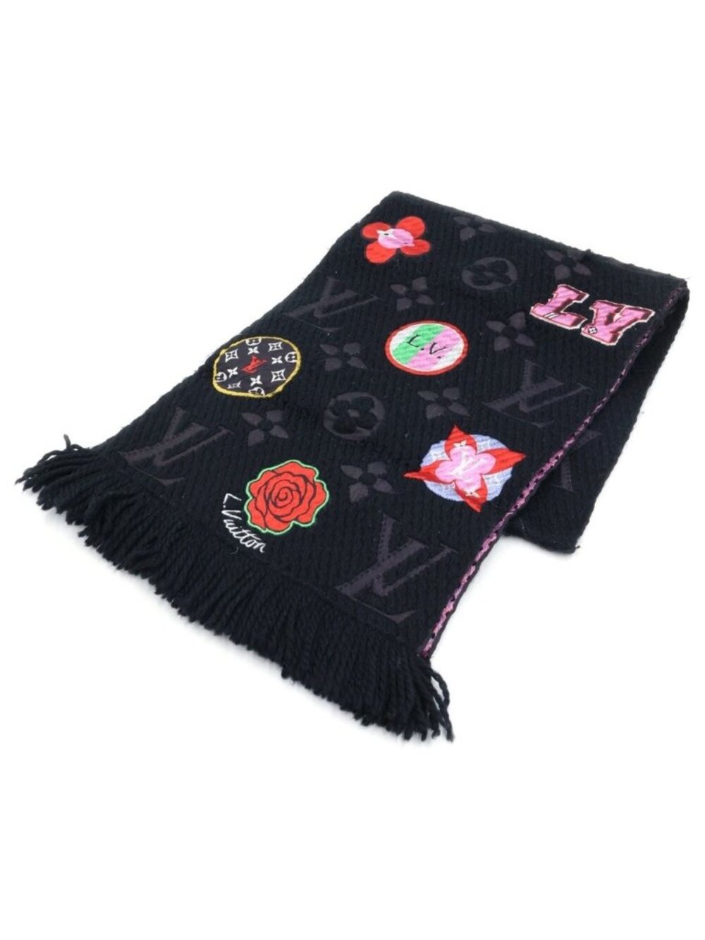 Louis Vuitton Logomania Scarf LV Stories Shawl Wool Silk Black Multicolor